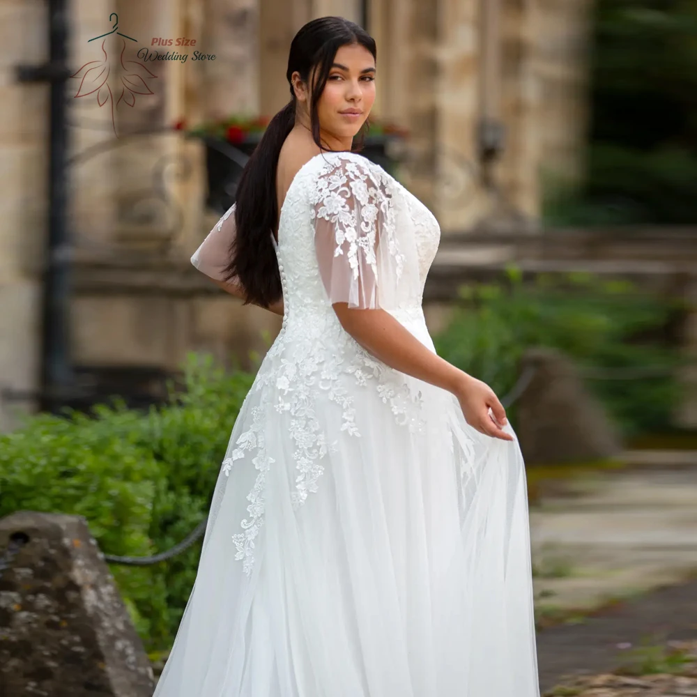 Top Trends: Classic A-Line Wedding Dresses Plus Size V Neck Half Sleeves Bride Gowns Appliques Back Button Sweep Train Tulle Robe De Mariee Shoppable Styles