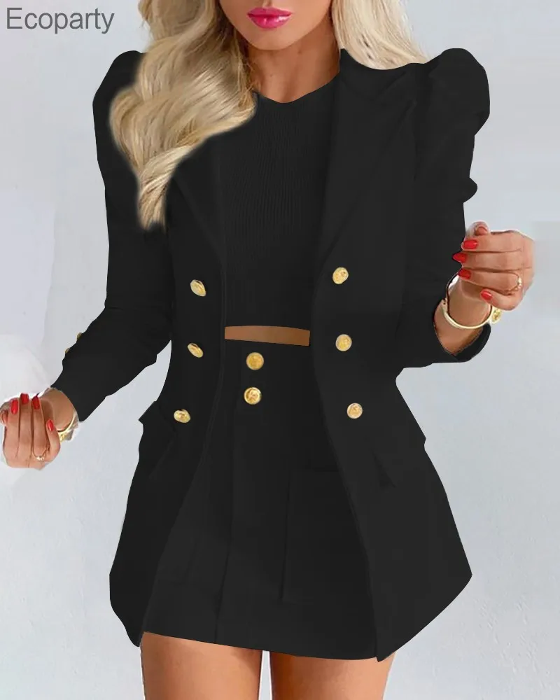 Top Trends: Large Size Women's Clothing Temperament Slim Short Skirt 2pcs Set Lady Spring Summer Long Sleeve Shoulder Pads Suit Blazer Mujer Shoppable Styles - Image 5