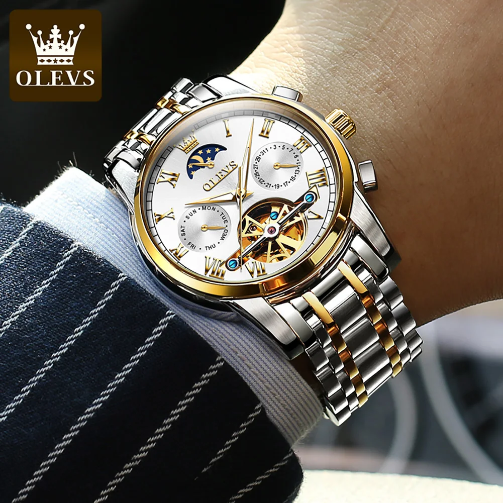 Top Trends: OLEVS Original Automatic Mechanical Watch For Men Luxury Brand Moon Phase Tourbillon Wristwatch Waterproof Luminous Moonswatch Shoppable Styles - Image 6