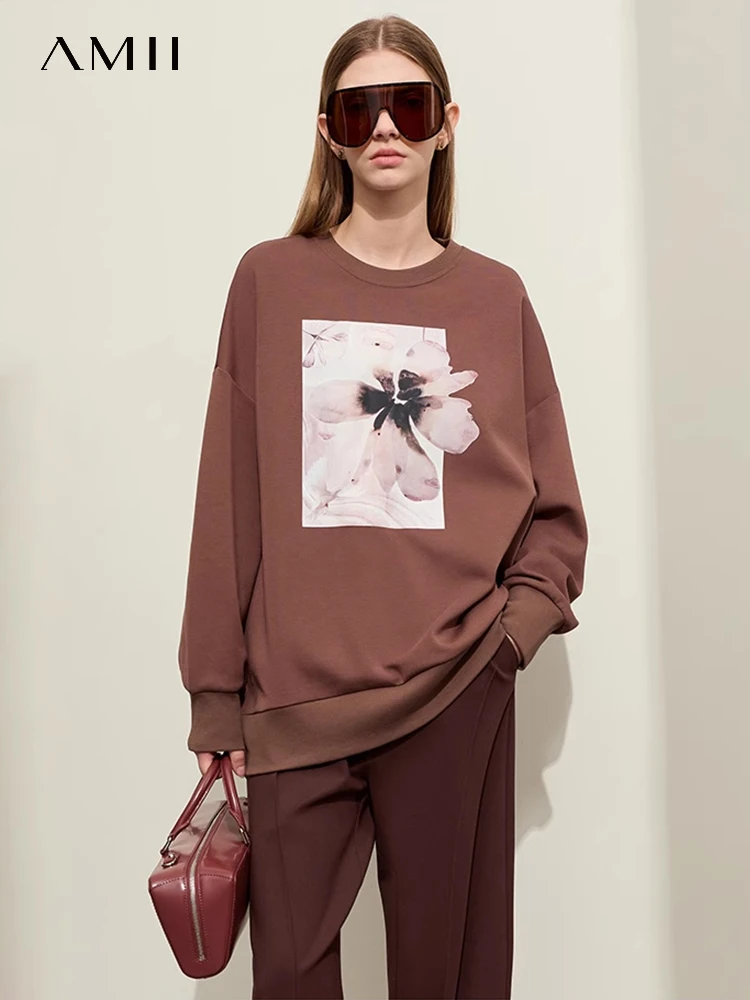 Top Trends: AMII Minimalism 2024 Spring New Hoodies Women Crew Neck Drop Sleeves Flowers Printed Loose Mid-length Streetwear Tops 12421008 Shoppable Styles