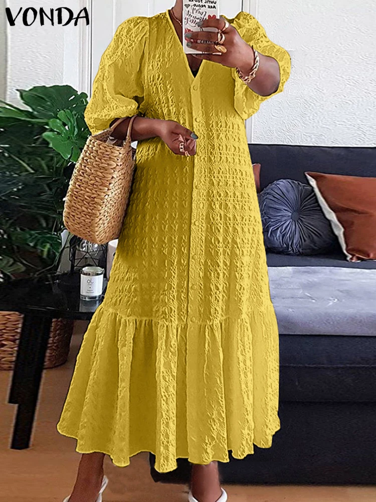 Top Trends: Plus Size 5XL VONDA Women Shirt Dress 2023 Summer Sexy V Neck Buttons Half Sleeve Long Maxi Vestidos Bohemian Elegant Party Robe Shoppable Styles