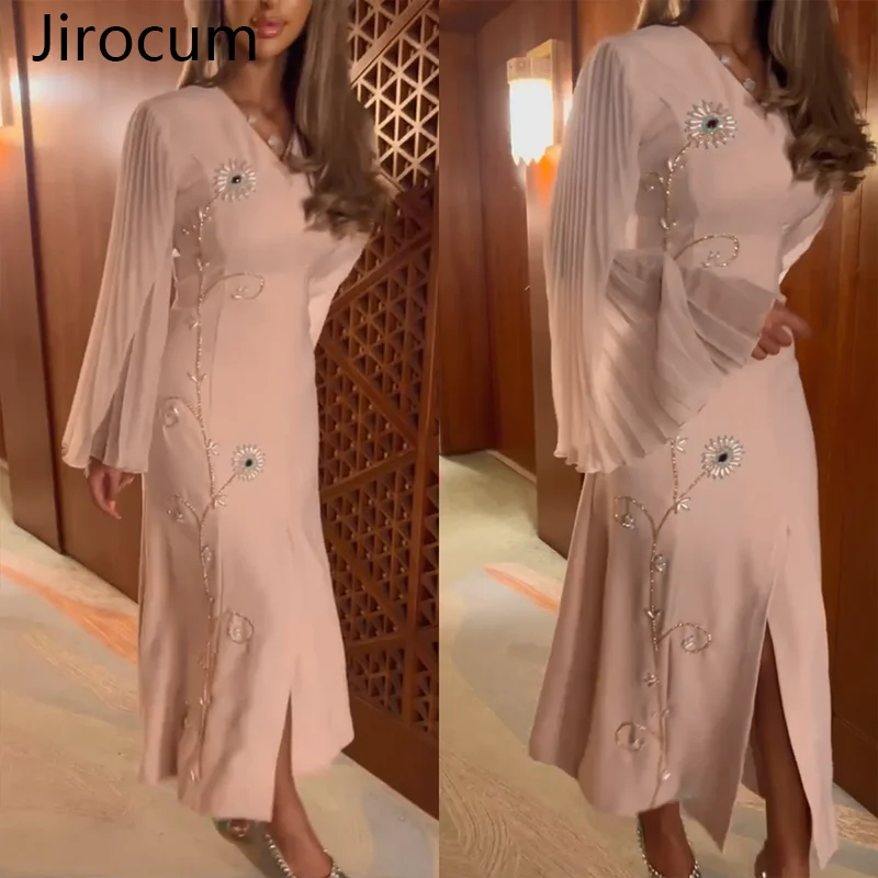 Top Trends: Jirocum V-neck Flower Bead Evening Dress Women&#039;s Pleated Elegant Prom Party Gown Flare Sleeve Front Split Formal Occasion Gowns Shoppable Styles