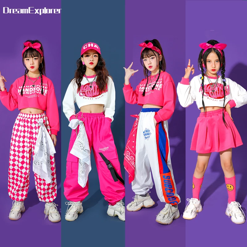 Top Trends: Girls Hip Hop Crop Top Cargo Pants Child Sweatshirt Plaid Skirt Kid Streetwear Jazz Cheerleader Street Dance Costume Clothes Set Shoppable Styles