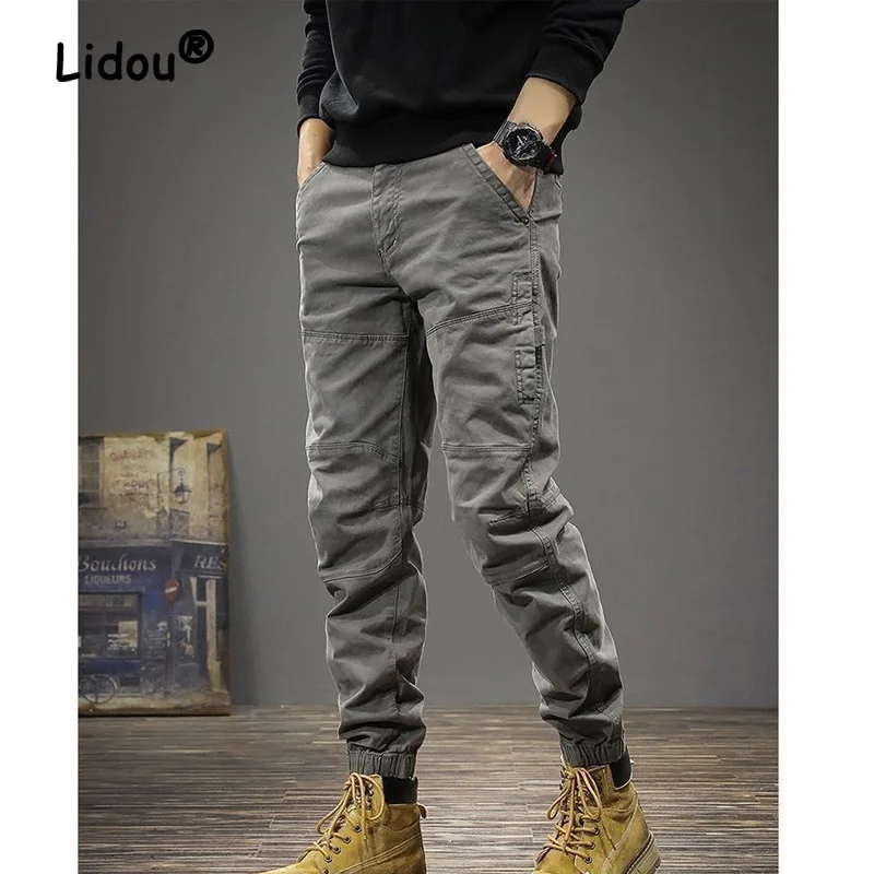 Top Trends: Fashion Slim Tie One&#039;s Feet Men&#039;s Cargo Pants Classic Pocket Street Casual Button Youth Solid Color All-match Male Trousers Shoppable Styles