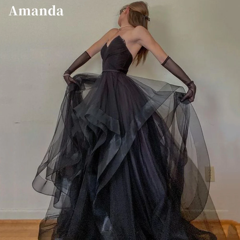 Top Trends: Amanda Black A-line Evening Dress Sexy Edge Curl Prom Dress 2023 Strapless Party Dress With Gloves Gothic فساتين مناسبة رسمية Shoppable Styles