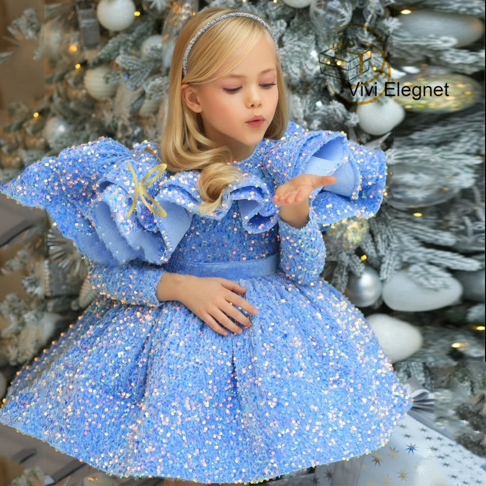 Top Trends: High Quality Velvet Sequined A Line Flower Girl Dresses With Belt Scoop Full Sleeve Knee Length Christmas Gowns 2022 Winter New Shoppable Styles