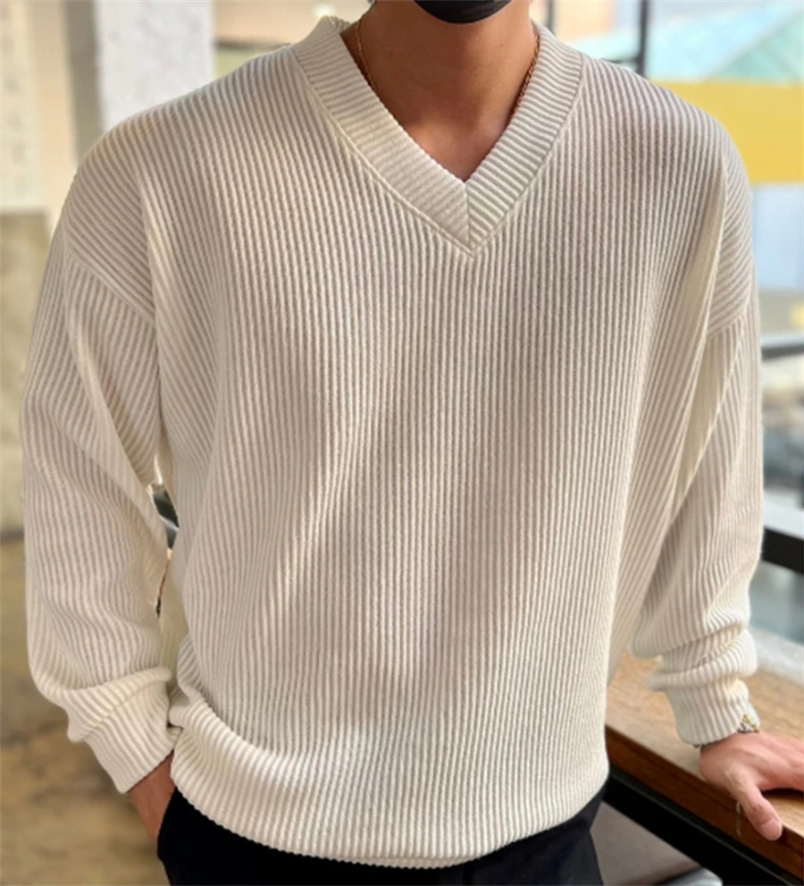 Top Trends: Autumn Fashion Loose Sweaters Men Long Sleeve Pullovers Man V-Neck Solid Slim Fit Sweaters Knitting Tops Pull Homme Shoppable Styles