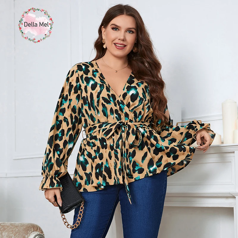 Top Trends: Della Mel 3XL 4XL Plus Size Women Elegant Blouse Sexy V-Neck Leopard Print Tunic Shirt Belted Office Fashion Top Big Size Blouse Shoppable Styles