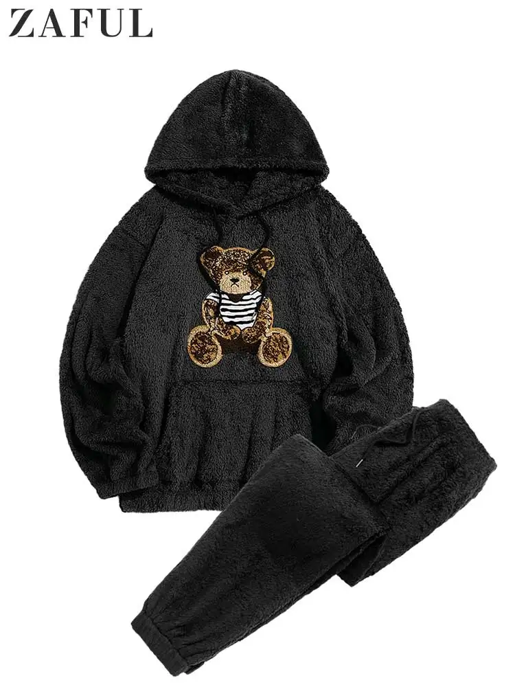 Top Trends: ZAFUL Men&#039;s Tracksuits Bear Pattern Hooded Hoodie Cotton Fluffy Sweatshirts With Trouser Set Beam Feet Sweatpants Pullover Suits Shoppable Styles