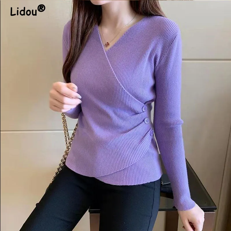 Top Trends: Elegant Fashion Temperament V-neck Knitted Pullovers For Women Sweaters 2022 New Solid Color Bottoming Shirt Buttons Korean Top Shoppable Styles