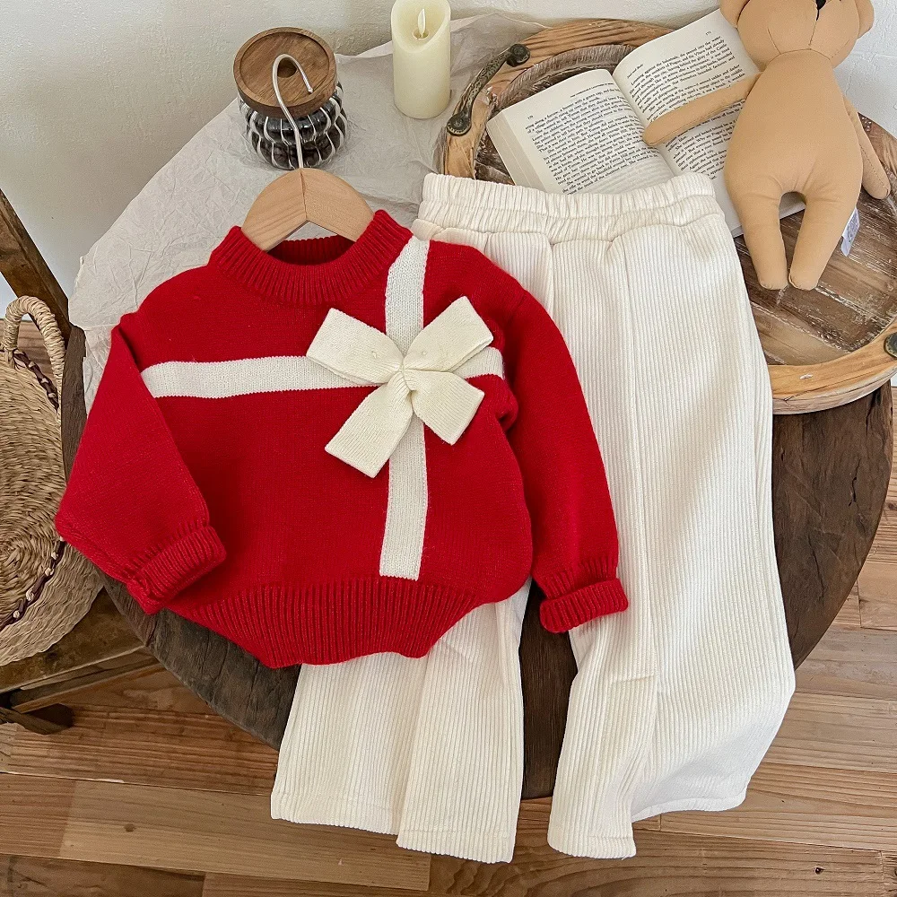 Top Trends: Cute Girls Sweater Sets Red Soft Warm Pullover Bow Gift Knitting Tops+ Elastic Waist Solid Pants 2Pcs Kids Christmas Clothes Suit Shoppable Styles