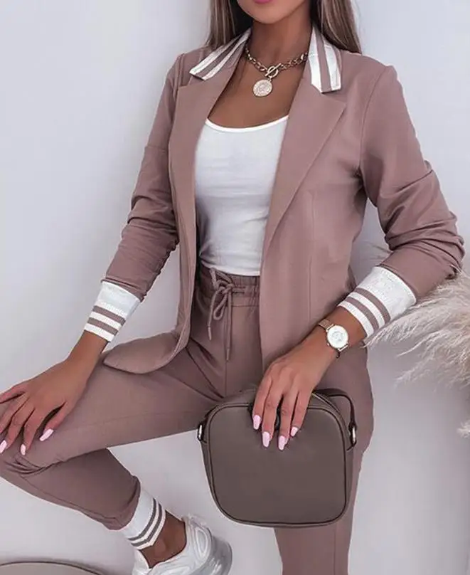 Top Trends: Women's Spring Double Breasted Blazer Office Pantsuit Striped Notched Collar Blazer Coat Drawstring Pants Set 2 Piece Set Female Shoppable Styles