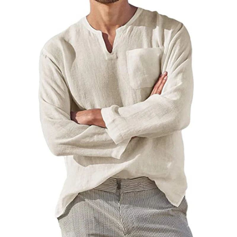 Top Trends: Simple Style Solid Color Casual Beach Blouse Male Autumn Pocket Chest Decoration V Neck Pullover Shirt Man Breathable Linen Tops Shoppable Styles