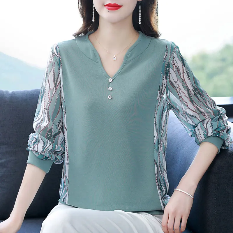 Top Trends: Spring Autumn Printed Patchwork Knitted Blouse Casual V-Neck Button Women&#039;s Clothing Long Sleeve Fashion Loose Solid Color Shirt Shoppable Styles