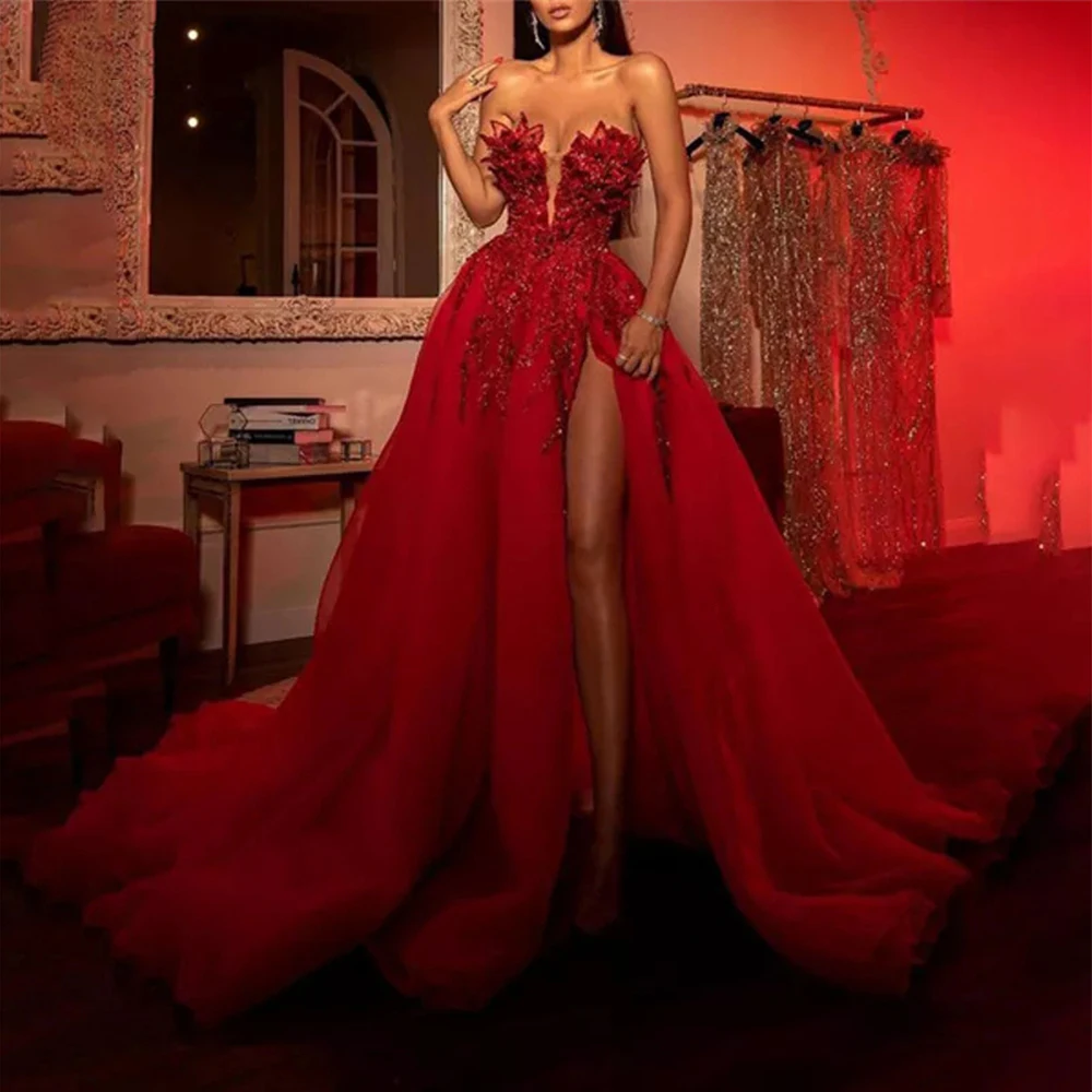 Top Trends: Red Elegant Prom Dresses Long 2023 Luxury Women Sexy Strapless Sleeveless Lace Applique Sequin Tulle Prom Gowns Fashion Formal Shoppable Styles