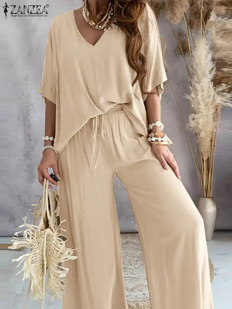 Top Trends: ZANZEA Casual Elastic Waist Matching Sets Half Sleeve Top Loose Tracksuit Summer Solid 2pcs Outfit Women Wide Leg Pant Pant Sets Shoppable Styles