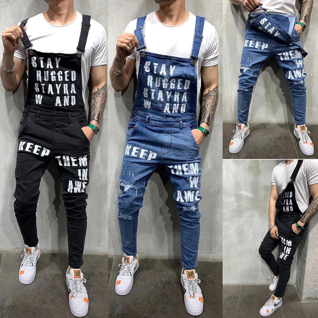 Top Trends: Men Suspenders Denim Jumpsuit Letters Denim Trousers Fashion Overalls Men's Ripped Denim Printed Jeans Men Streetwear Shoppable Styles