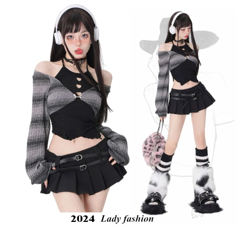 Top Trends: 2024 Spring Autumn Two Pieces Skirt Set Women Y2k Crop Tops T-shirt + Short Skirt Japanese Kawaii Fashion Suits Chic New Korean Shoppable Styles