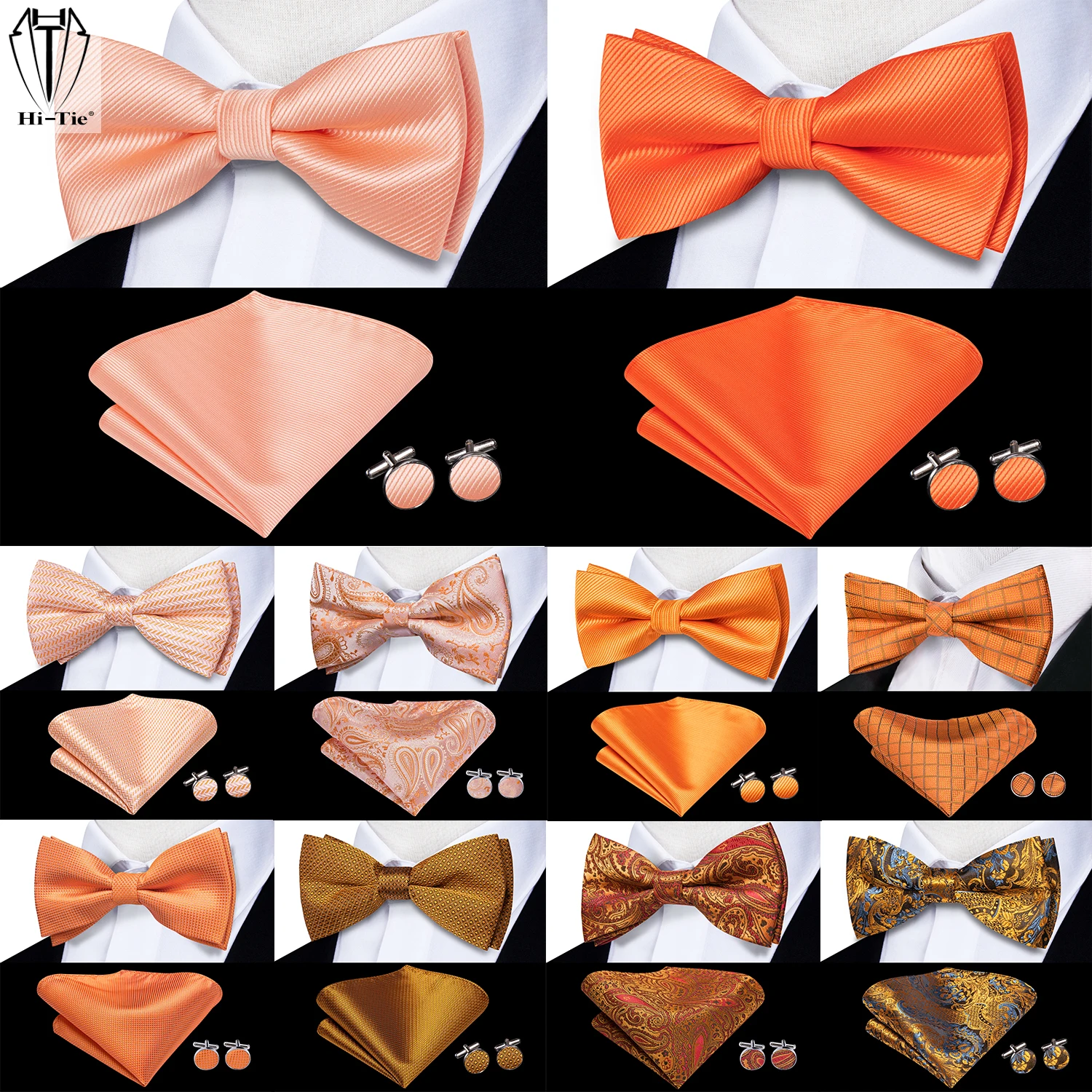 Top Trends: Hi-Tie Orange Tangerine Silk Mens Bow Tie Hankerchief Cufflinks Set Pre-tied Butterfly Knot Bowtie For Male Wedding Business Shoppable Styles