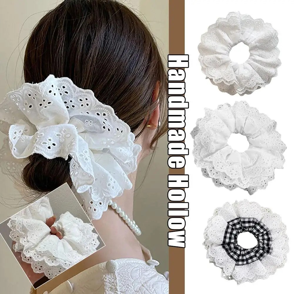 Top Trends: 1PC Oversized Cotton Lace French Hair Bands Hair Scrunchie For Women Elastic Ponytail Double Layer Silk Women's Hair Accessories Shoppable Styles