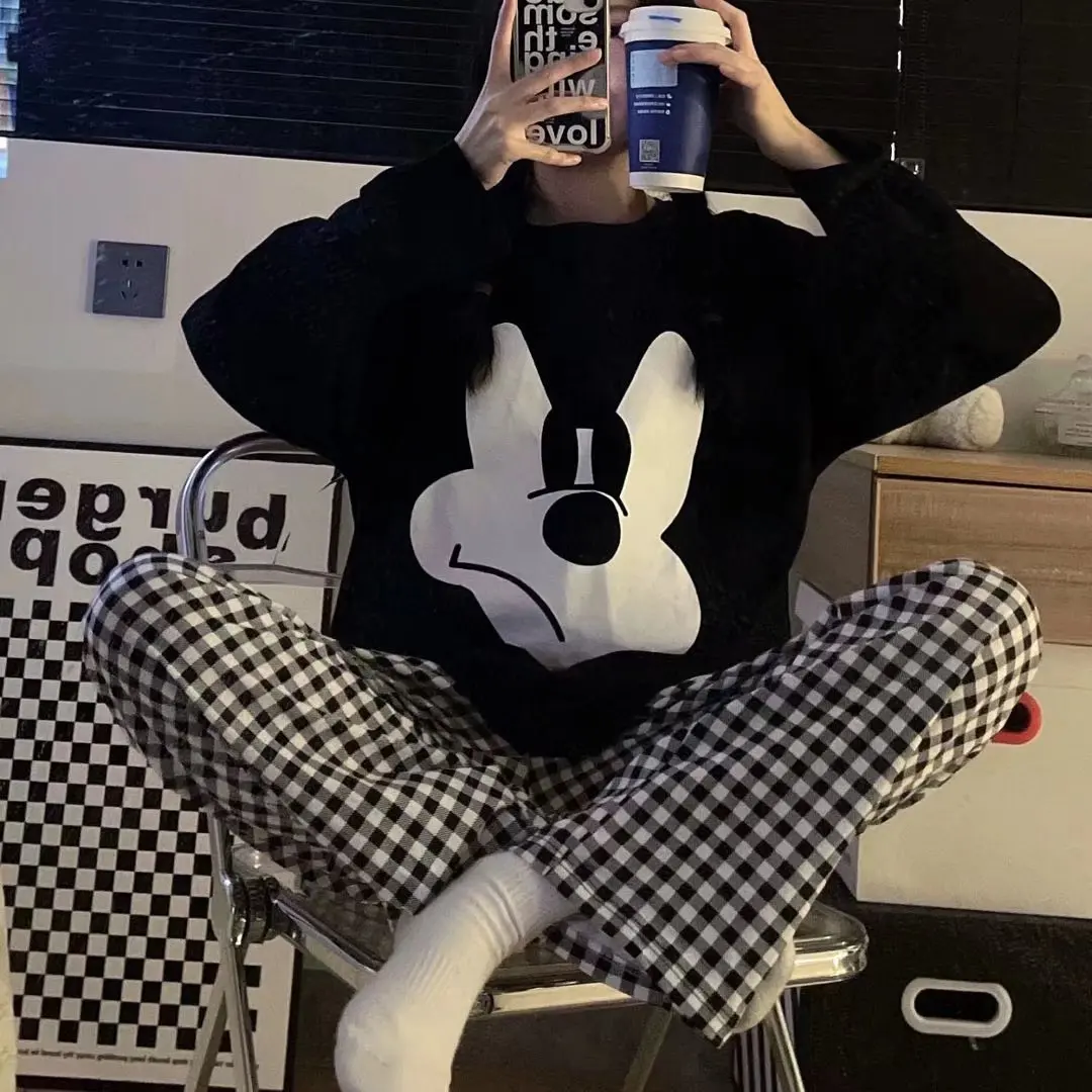 Top Trends: Disney Angry Mickey Mouse Sleepwear 2 Pieces Sets Womens Outfits Spring 2022 Long Sleeve Black Blouse And Plaid Pants Home Suit Shoppable Styles