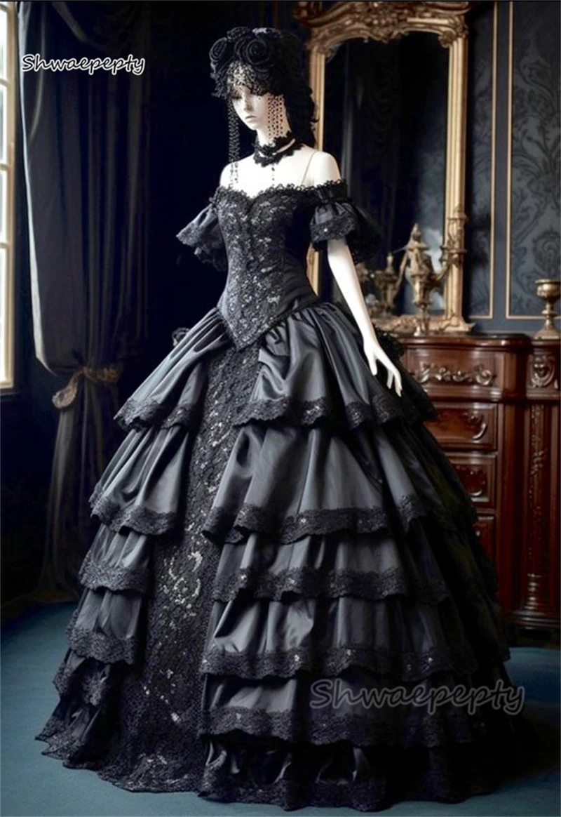 Top Trends: Gothic Black Wedding Dresses Off The Shoulder Vintage Victorian Bridal Gowns Corset Princess Bustle Ball Gown Medieval Vestido Shoppable Styles