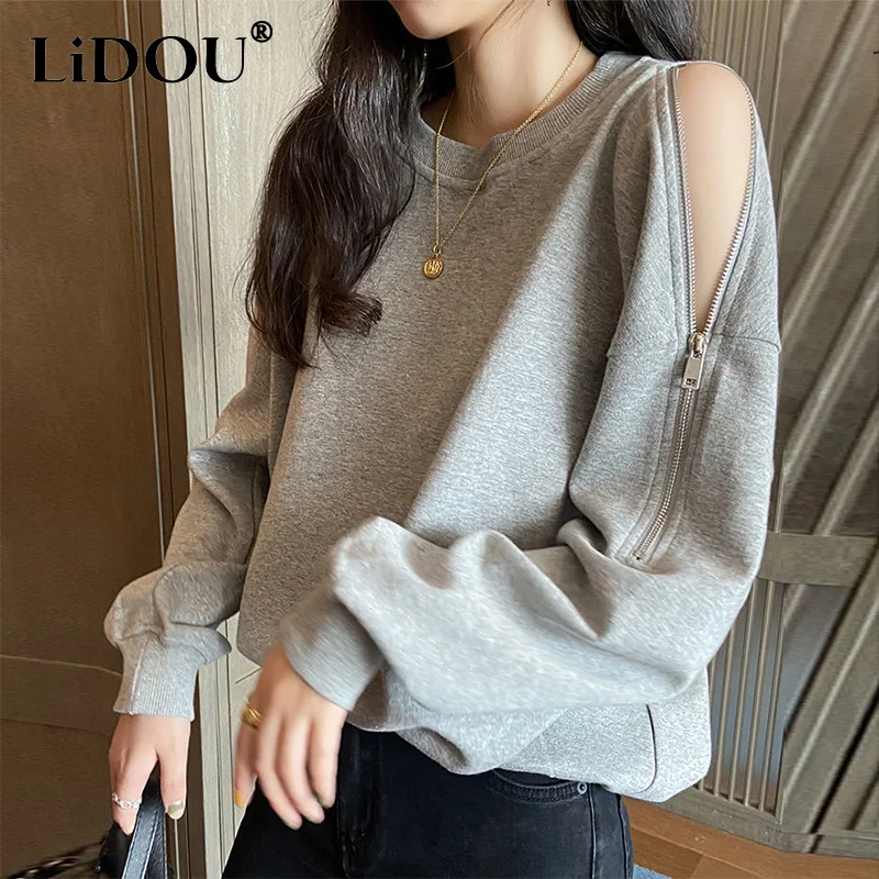 Top Trends: Spring Autumn Casual Fashion Round Neck Zipper Off Shoulder Sweatshirt Women Long Sleeve Solid Jumpers Personality Pullover Top Shoppable Styles