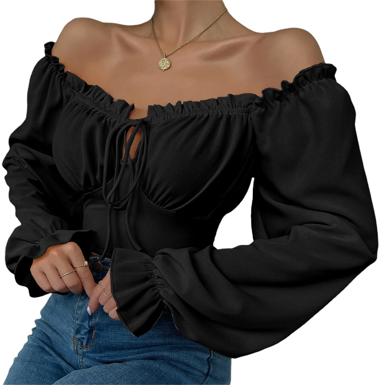 Top Trends: Women Fashion Elegant Blouse Shirt Ladies Long Sleeve Ruffled Drawstring Casual Spring Summer Crop Tops Shoppable Styles - Image 5