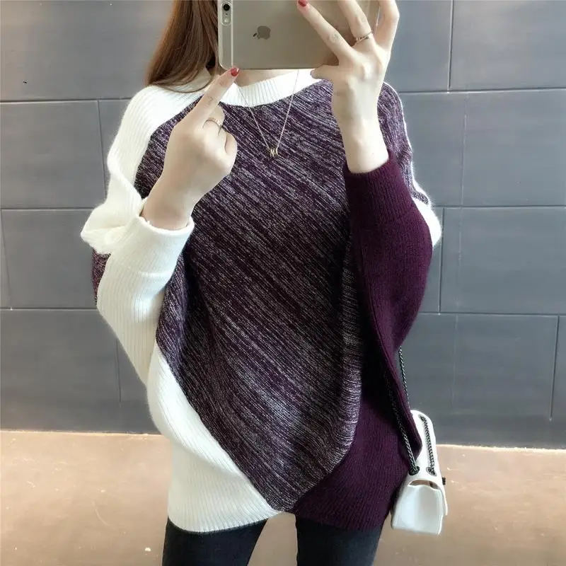 Top Trends: Autumn Winter Batwing Sleeve Loose Jumpers Female Clothing Tops Vintage Stylish O-Neck Patchwork Asymmetrical Knitted Sweaters Shoppable Styles