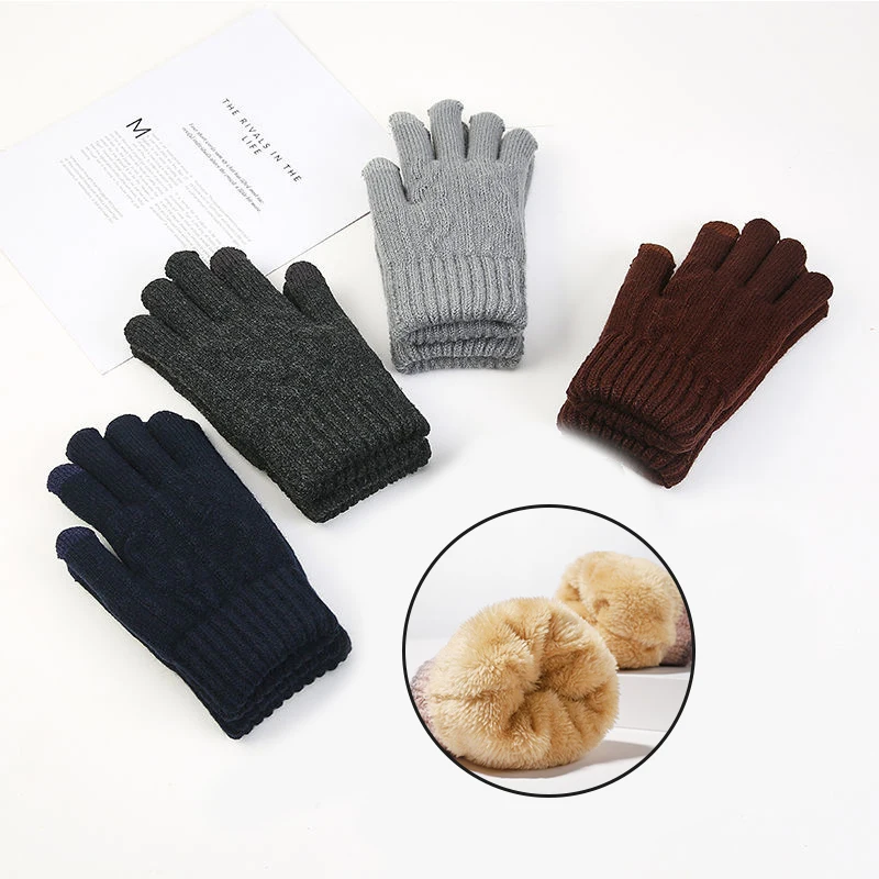 Top Trends: Men Solid Color Lamb Wool Knit Warm Cycling Glove Women Winter Plus Velvet Thick Cold Full Finger Touchscreen Driving Gloves Shoppable Styles