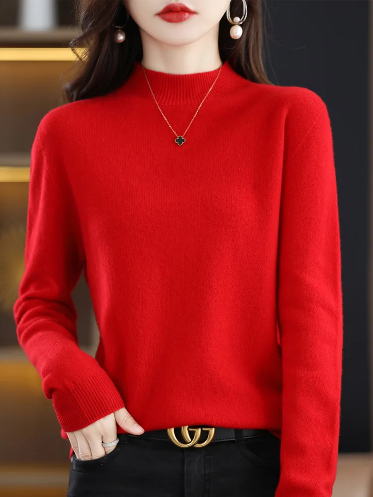 Top Trends: Aliselect High Quality Autumn Winter 100% Merino Wool Sweater Mock-Neck Long Sleeve Women Knitted Basic Pullover Clothing Tops Shoppable Styles