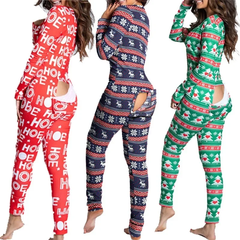 Top Trends: Women's Print Button Flip Christmas Pajamas Autumn Winter 2023 V-neck Long Sleeve High Waist Casual Trends Jumpsuit Home Wear Shoppable Styles