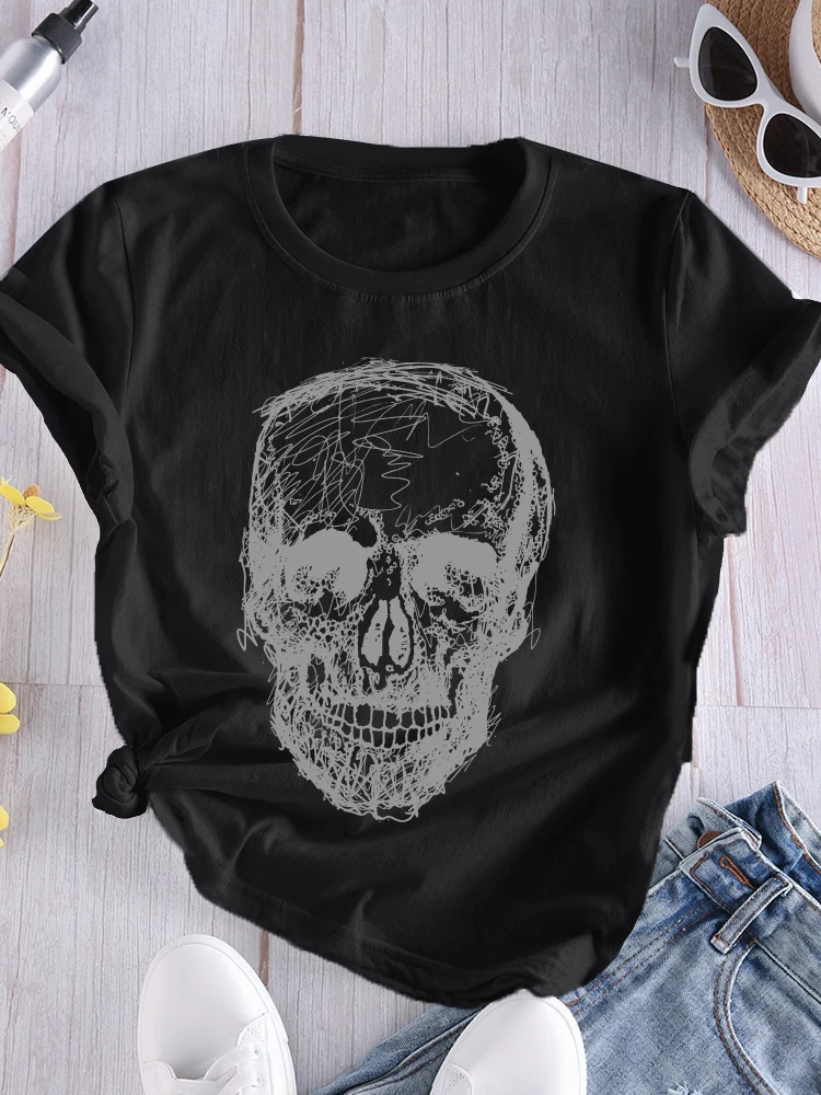 Top Trends: Funny Skulls T-shirts For Women, Short Sleeve Printing Graphic Tee, Harajuku Black Tops, Slim Fit, Plus-size Women's Clothing Shoppable Styles