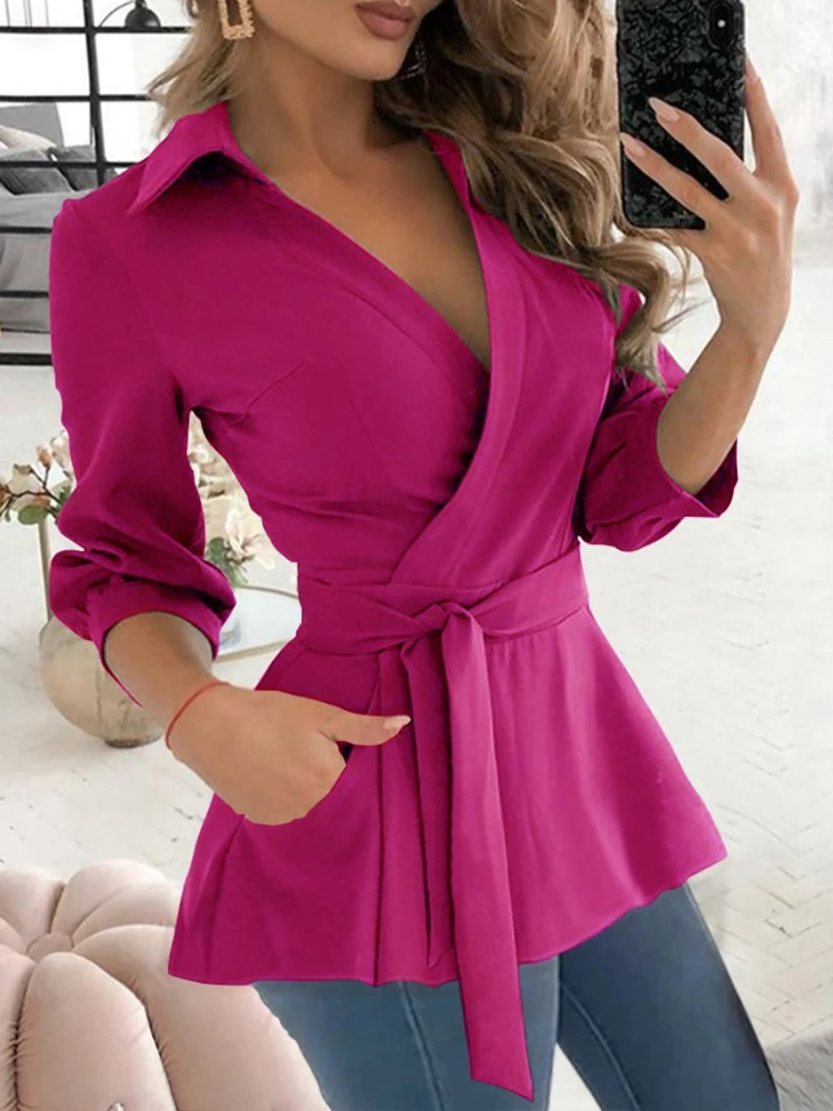 Top Trends: Autumn Long Sleeve Print Belt Shirt For Women New Sexy V-neck Slim Blouses And Tops 2023 Office Ladies Shirts Elegant Clothing Shoppable Styles