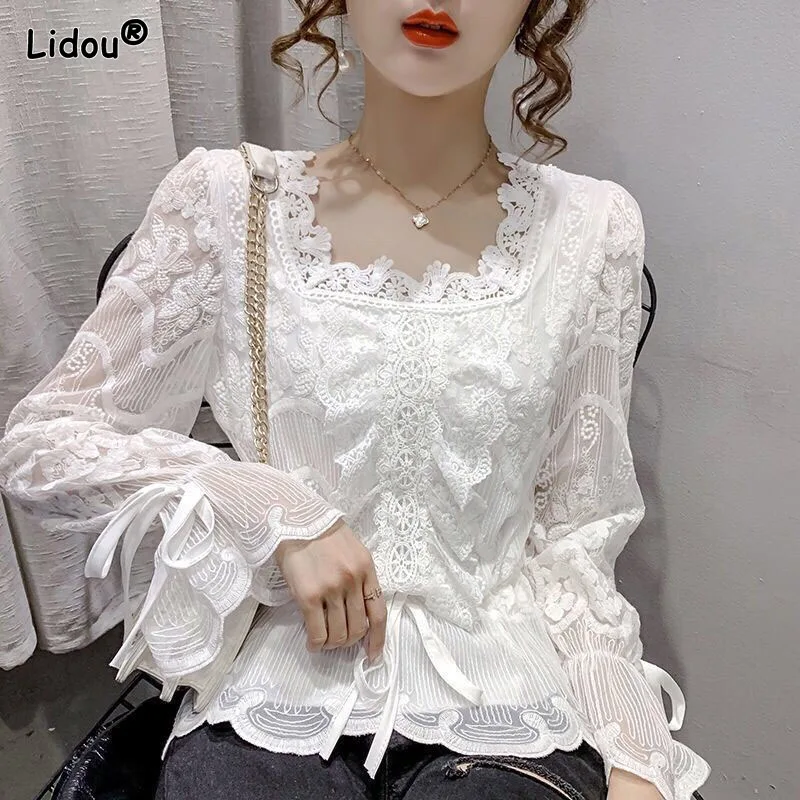 Top Trends: Elegant Fashion Square Collar Thin Blended Shirts Lace Solid Lantern Sleeve Spring Autumn Pullovers Women&#039;s Clothing Popularity Shoppable Styles