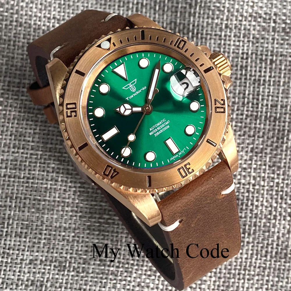 Top Trends: Tandorio Real Bronze Diver Mechanical Watch Men Sunburst Green Wristwatch NH35 Movt Leather Band Vintage Waterproof Lume Clock Shoppable Styles