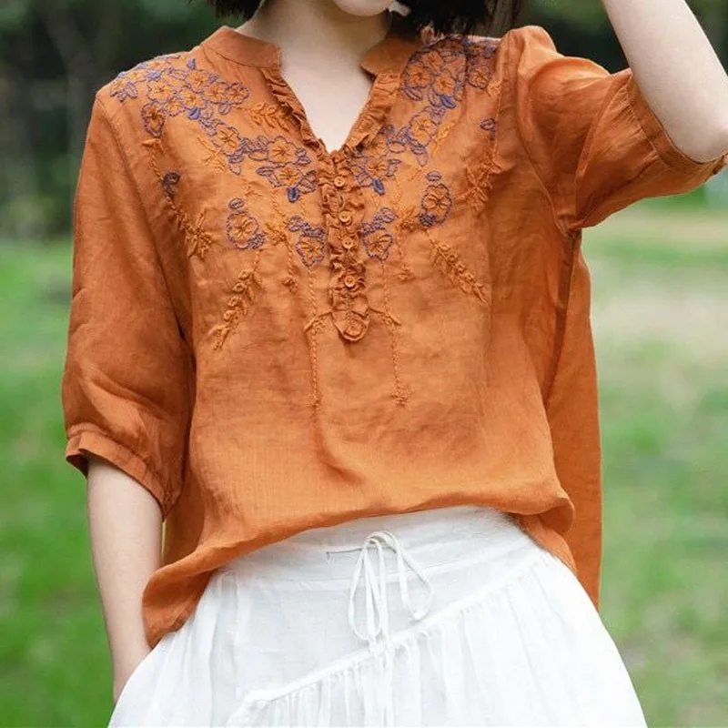 Top Trends: Vintage Fashion Solid Color Embroidery Spliced Shirt Summer Women's Clothing Loose All-match V-Neck Half Sleeve Blouse Female Shoppable Styles