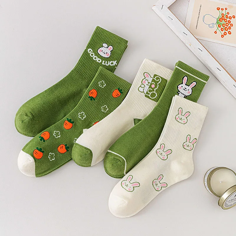 Top Trends: Cartoon Rabbit Carrot Green Women Socks Cute Fashion Funny Cotton Socks For Girls College Style Harajuku Kawaii Calcetines Shoppable Styles