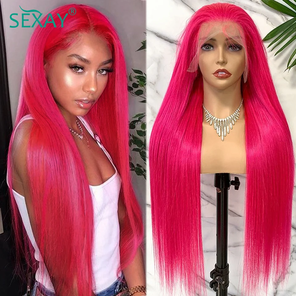 Top Trends: 30 32 Inch Pink Lace Front Wig Human Hair 180 Density Hot Pink 13x4 HD Transparent Lace Front Brazilian Straight Human Hair Wigs Shoppable Styles