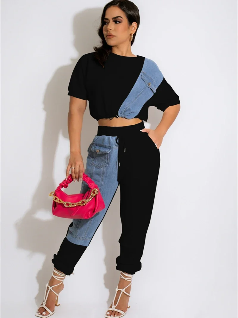 Top Trends: Denim Patchwork Tracksuit Women Two 2 Piece Set Oufits Sweatsuit Summer Clothes Fashion Tee Jogger Long Pants Suit Matching Set Shoppable Styles