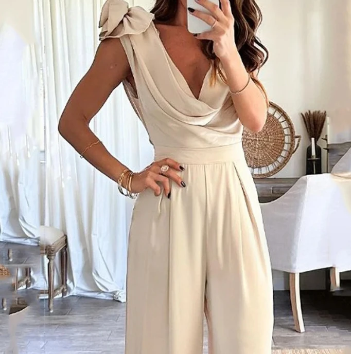 Top Trends: Jumpsuit Autumn New Fashionable Hot Selling Women&#039;s Elegant V-Neck Pleated Knot Sleeveless High Waist Wide Leg Jumpsuit Daily Shoppable Styles