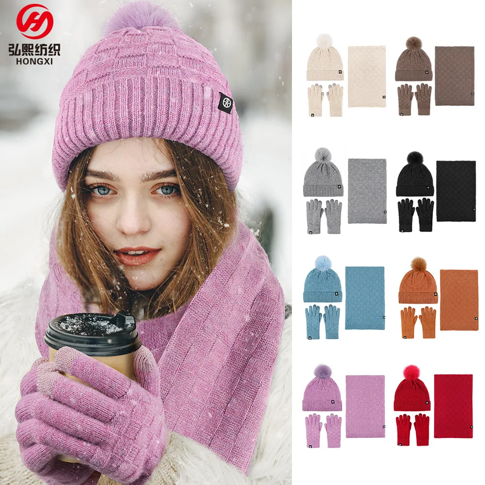 Top Trends: Winter Scarf Three-piece Set Plus Fleece Outdoor Warm Hairball Knitted Hat Scarf Gloves Three-piece Set Shoppable Styles