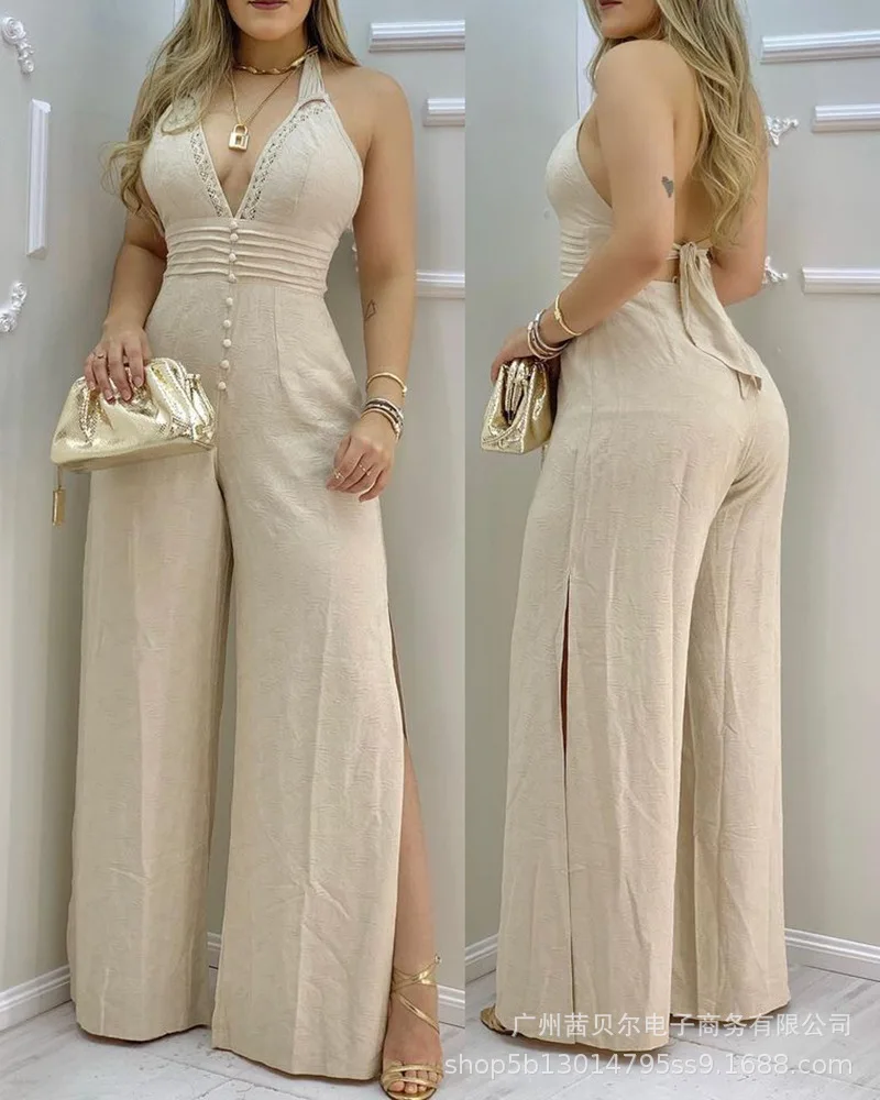 Top Trends: Elegant Women Beige Lace Stitched Halter Jumpsuit 2022 Summer Fashion New Sexy Deep V Neck High Waist Split Jumpsuits Shoppable Styles