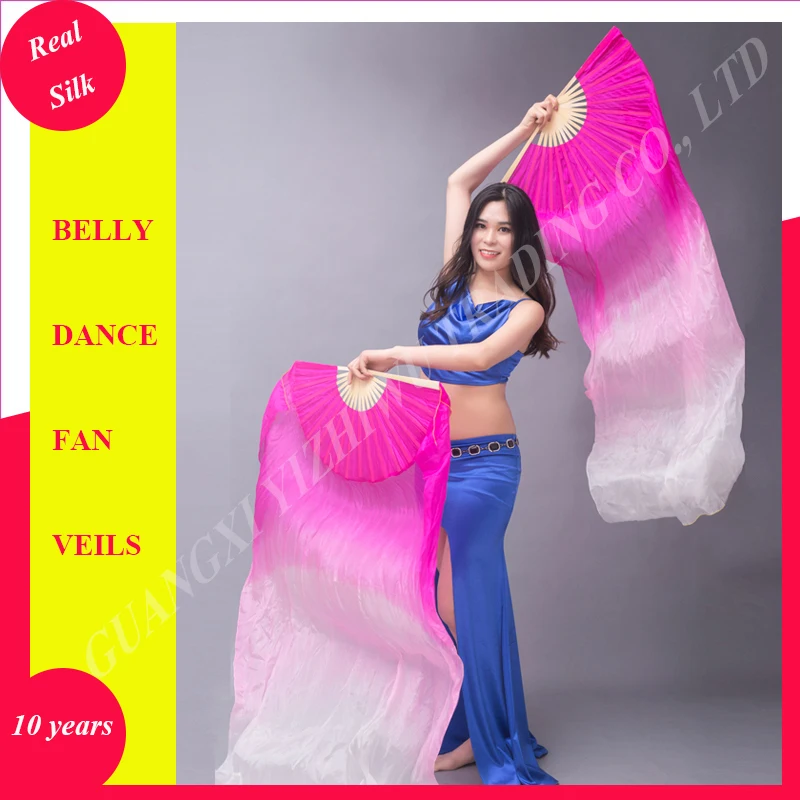 Top Trends: High Quality 1 Pair Real Silk Belly Dance Fan Veils Gradient Colors Chinese Belly Dancing Long Fans Shoppable Styles