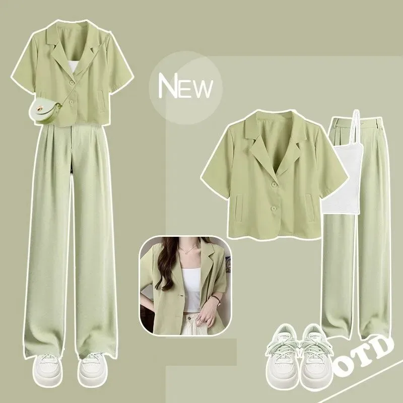 Top Trends: Women's Summer Suit 2023 New Chic Short Sleeved Suit Coat+ Sling+ Pants Three Piece Korean Elegant Casual Blazer Matching Suit Shoppable Styles