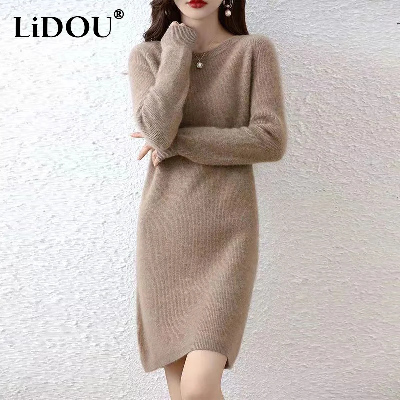 Top Trends: Autumn Winter Women&#039;s O Neck Solid Color Knitting Dress Ladies Loose Casual Add Velvet Bottoming Robe Femme Vestidos De Fiesta Shoppable Styles