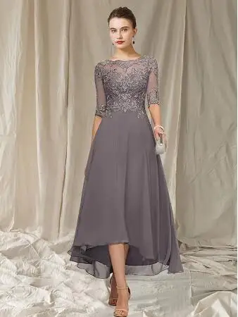 Top Trends: Elegant A-Line Mother Of The Bride Dress Jewel Neck Asymmetrical Ankle Length Chiffon Lace Half Sleeve With Pleats Appliques Shoppable Styles - Image 2