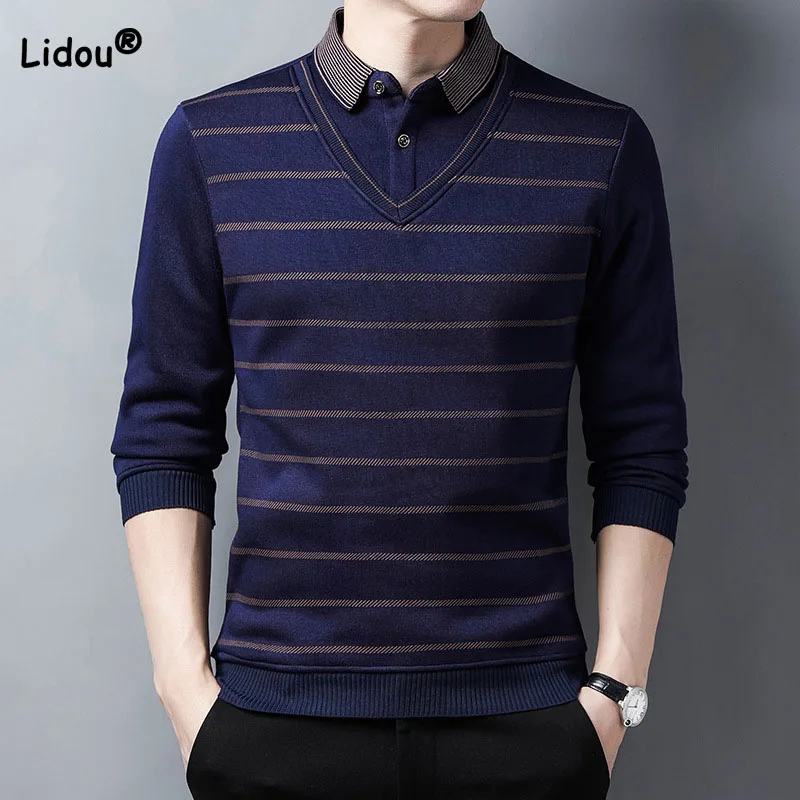 Top Trends: Vintage Men's Long Sleeve Striped Sweaters Autumn Winter Male Clothes Classic All-match Polo-Neck Fake Two Pieces Knitted Tops Shoppable Styles