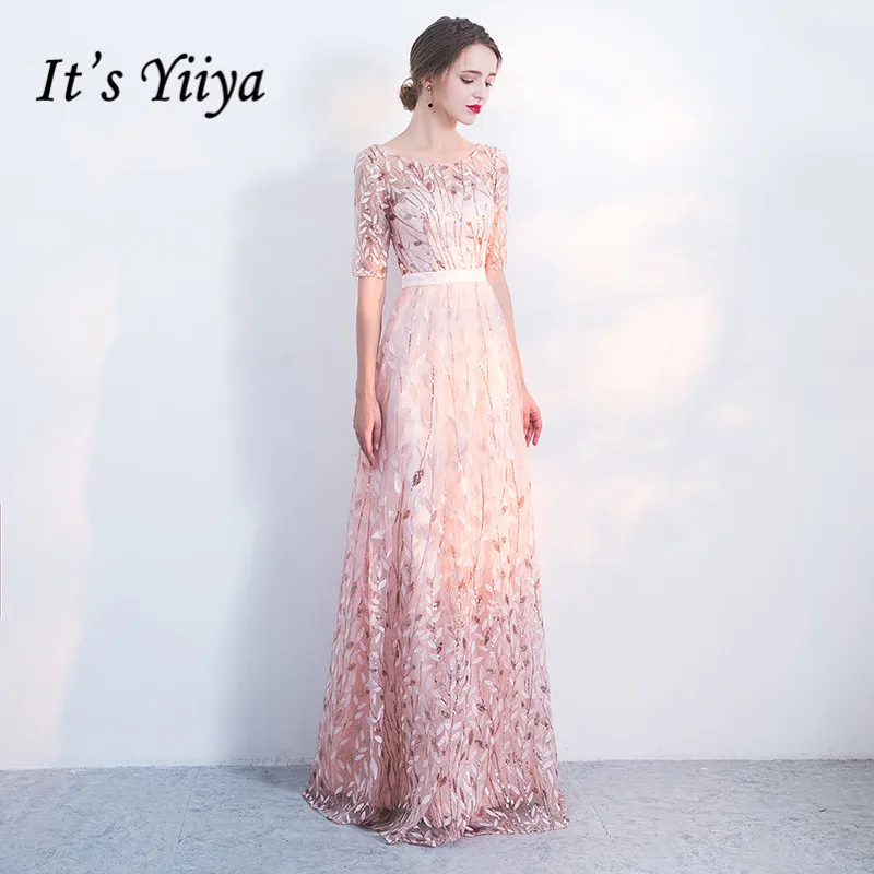 Top Trends: It&#039;s Yiiya Evening Dress Pink Tulle Bling Embroidery O-neck Plus Size Formal Gowns Floor-length Half Sleeve Robe De Soiree LF176 Shoppable Styles