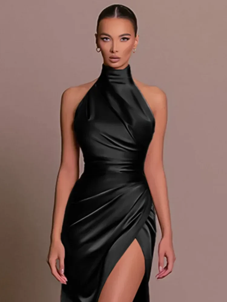 Top Trends: Elegant Luxury Party Evening Dress Sexy Women Sleeveless Long Halter Dress Fall Backless High Split Bodycon Maxi Dresses Black Shoppable Styles